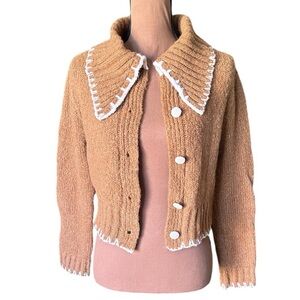 Astr The Label: Womens Brown & White Cropped Long Sleeve Cardigan